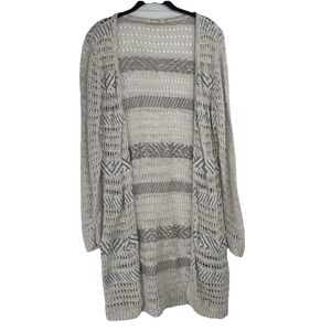 Faded Glory Open Knit Cardigan Size Large Oatmeal Striped Beachy Boho Hippie